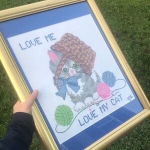 VTG framed Knitting Kitten Cat cross stitch. Cat lovers. love me, love my cat.
